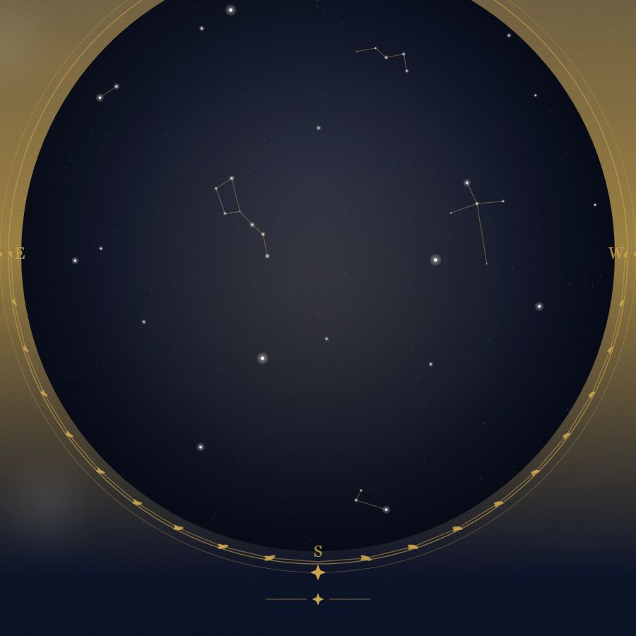 The night sky over Amsterdam — a star map showing the constellations visible from 52.37°N