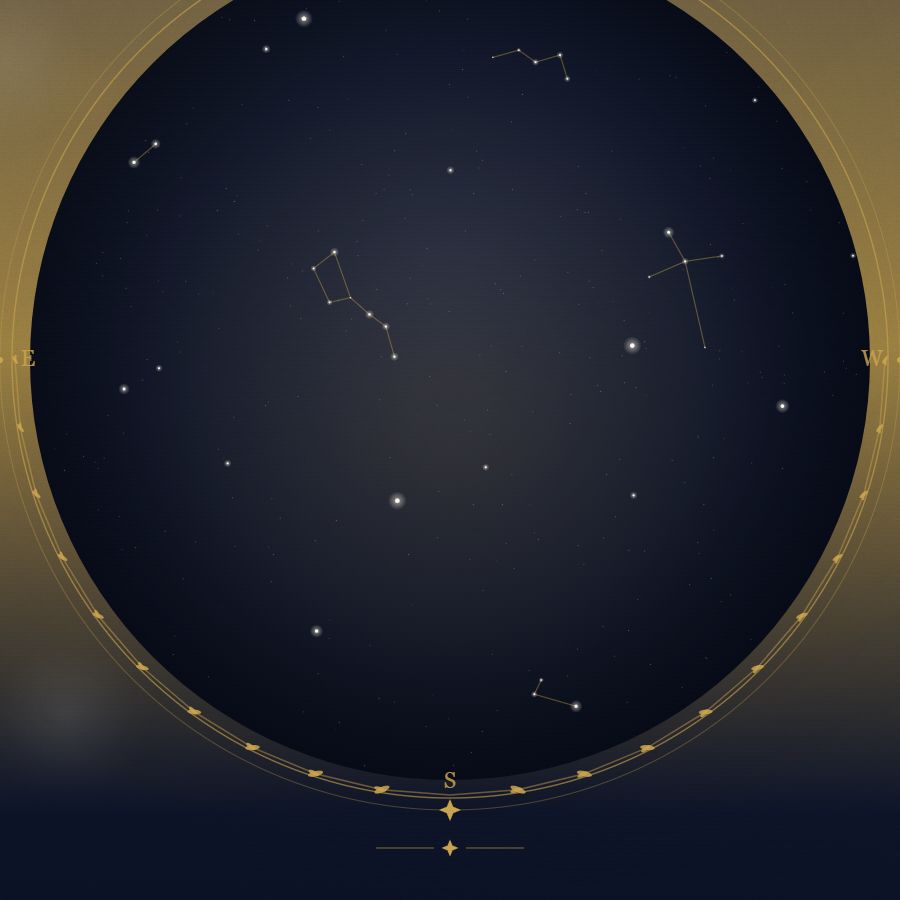 The night sky over Prague — a star map showing the constellations visible from 50.08°N