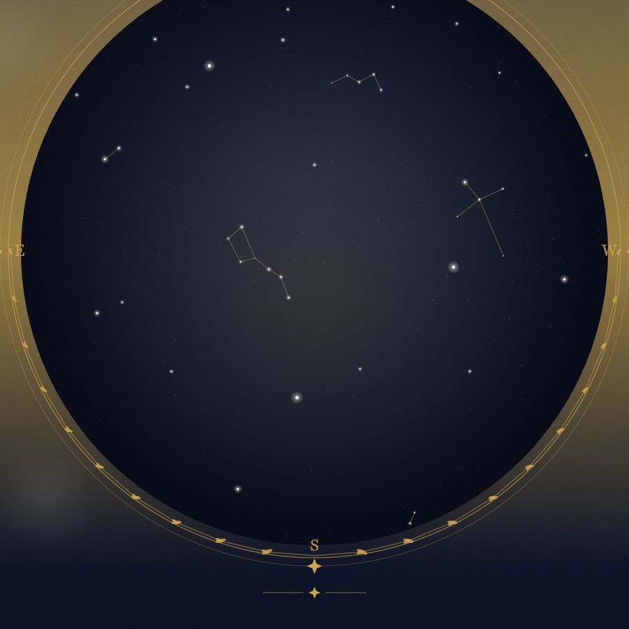 The night sky over Reykjavík — a star map showing the constellations visible from 64.15°N
