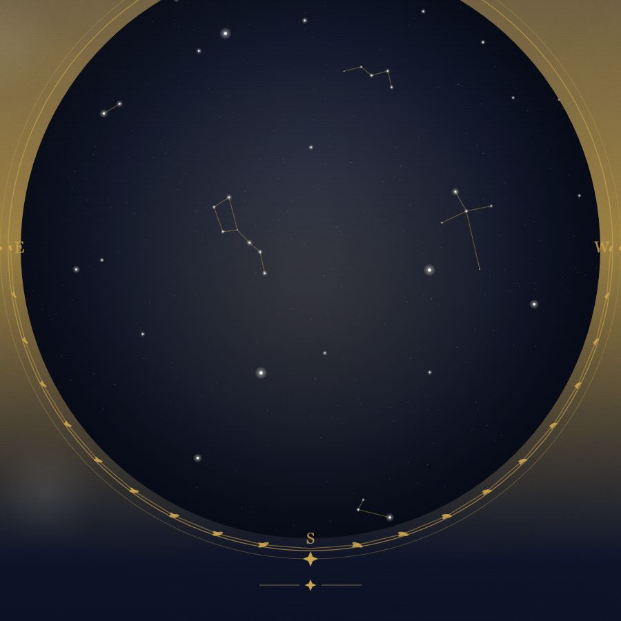 The night sky over Stockholm — a star map showing the constellations visible from 59.33°N
