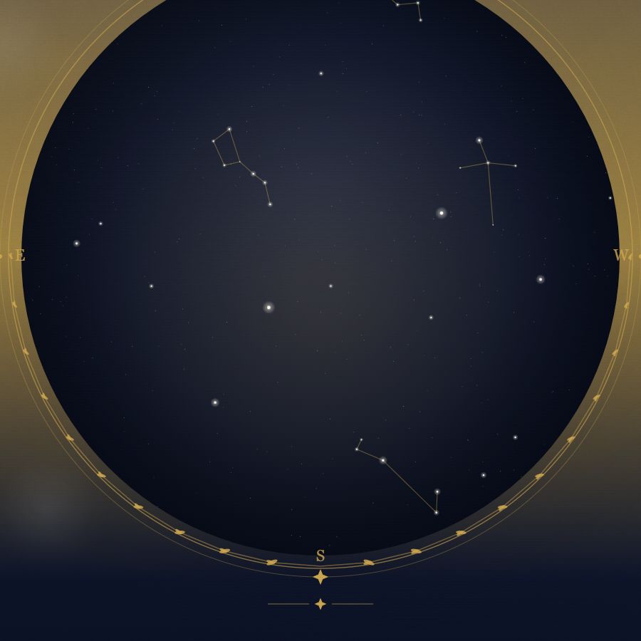 The night sky over Tokyo — a star map showing the constellations visible from 35.68°N